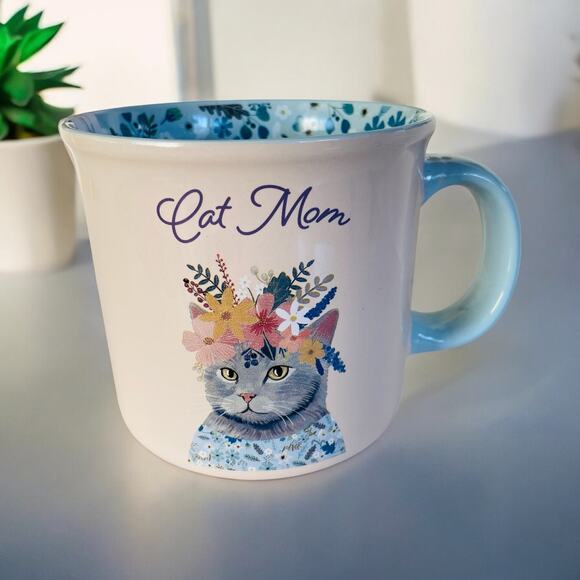 NEW Floral Mia Charro Grey Tabby Cat Mom Cats Blue Flowers 16oz Coffee Tea Mug - Picture 1 of 4